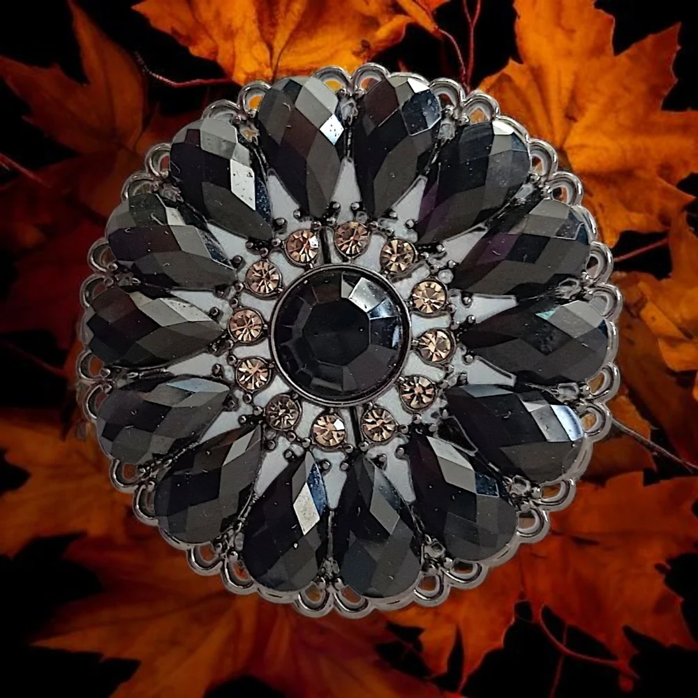 Premier Designs Sunflower Brooch Pendant Pin‎ Black Rhinestone Flower Sparkler
